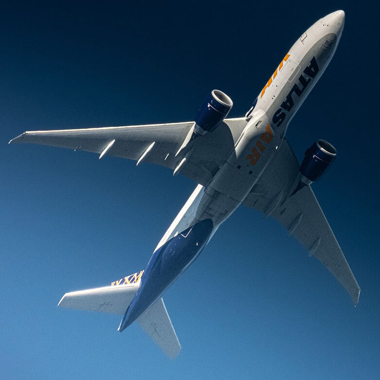 Atlas Air plane against dark blue sky