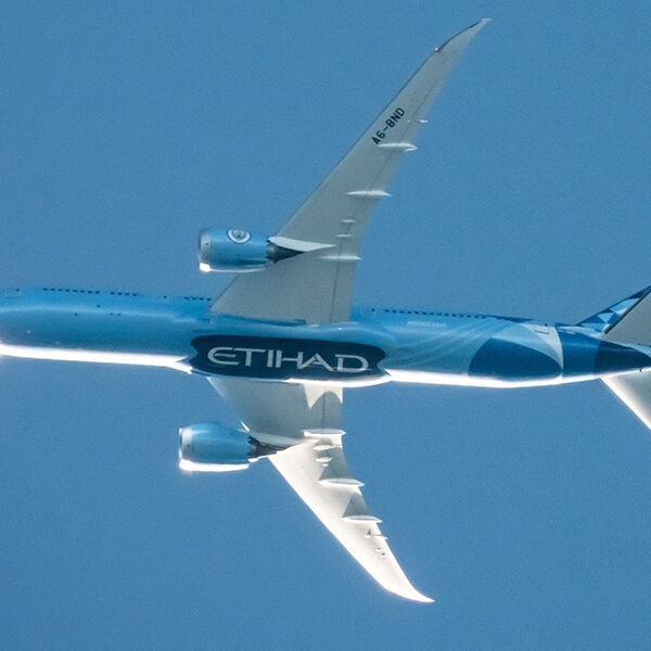 Etihad plane against dark blue sky